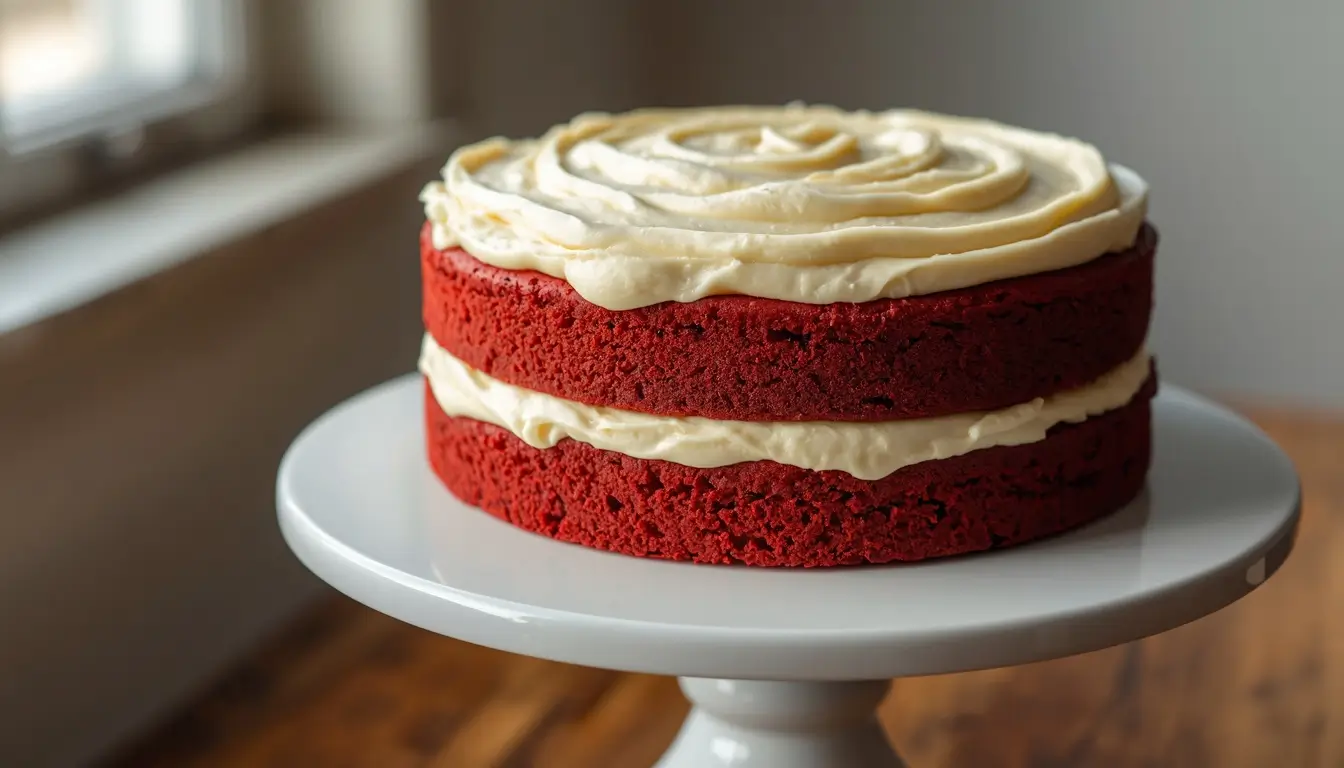 Keto Red Velvet Cake 1 Whole keto red velvet cake with cream cheese frosting on a white cake stand