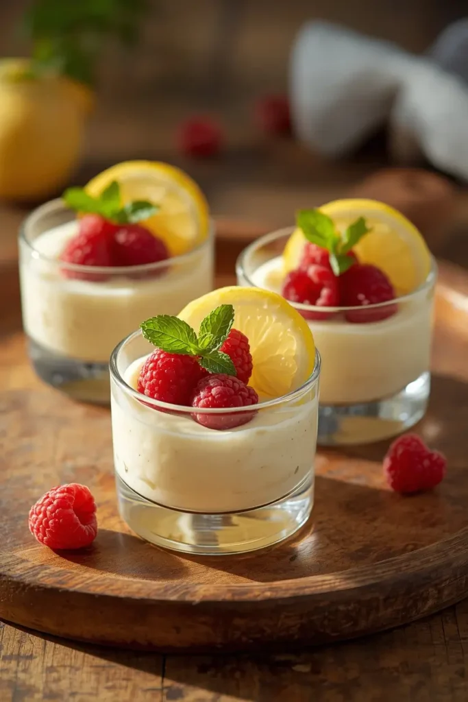 Lemon Mousse 4 Lemon mousse served in glass dessert cups garnished with raspberries and mint