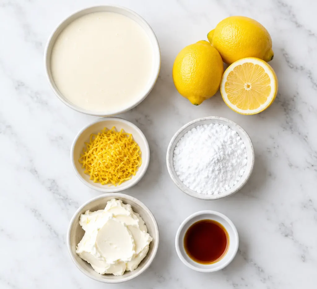 Lemon Mousse 2 Ingredients laid out for making keto lemon mousse, including lemons, cream, and cream cheese