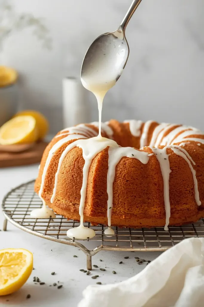 Lemon Poppy Seed Bundt Cake 4 Lemon glaze drizzled over a cooled lemon poppy seed bundt cake on a wire rack