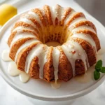 Glazed keto lemon poppy seed bundt cake on a white cake stand with fresh lemons and mint