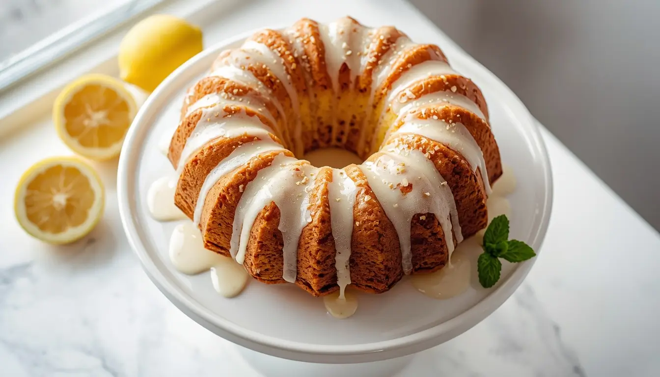 Glazed keto lemon poppy seed bundt cake on a white cake stand with fresh lemons and mint