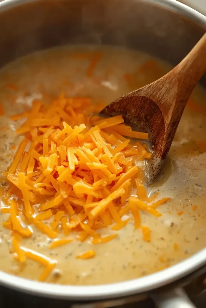 Shredded cheddar cheese melting into broth while making cheddar cheese soup