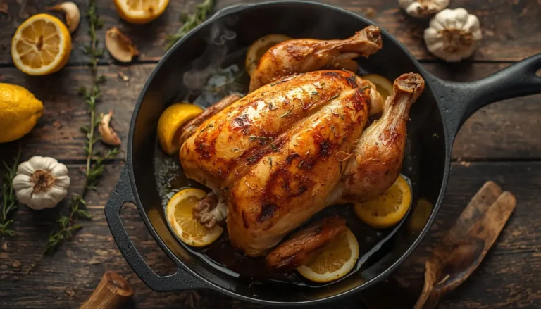 Crispy golden oven roasted whole chicken in a cast-iron skillet with lemon, garlic, and thyme