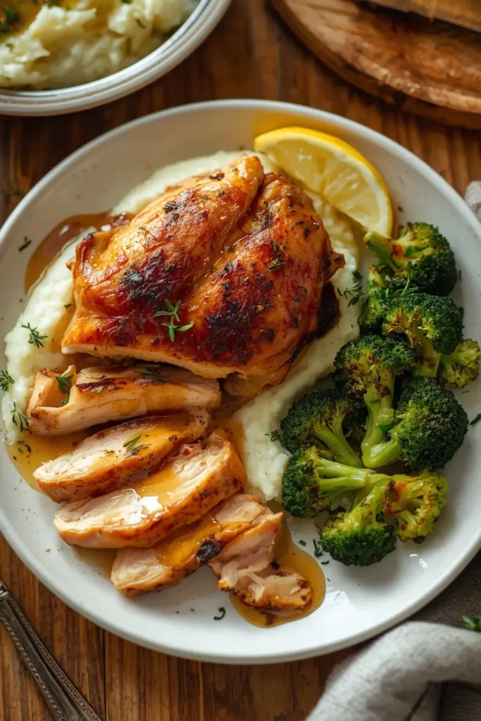 Oven Roasted Whole Chicken 3 Sliced oven roasted whole chicken served with cauliflower mash and roasted broccoli for a keto dinner