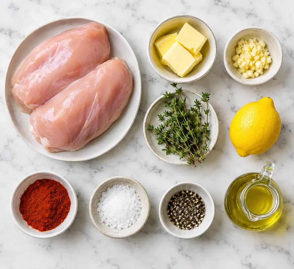 Pan Seared Chicken Breast 2 Ingredients for pan seared chicken breast including chicken, butter, garlic, thyme, lemon, and spices