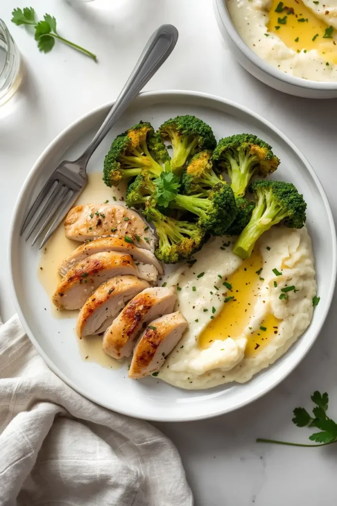 Pan Seared Chicken Breast 4 Keto dinner plate with sliced pan seared chicken breast, roasted broccoli, and cauliflower mash