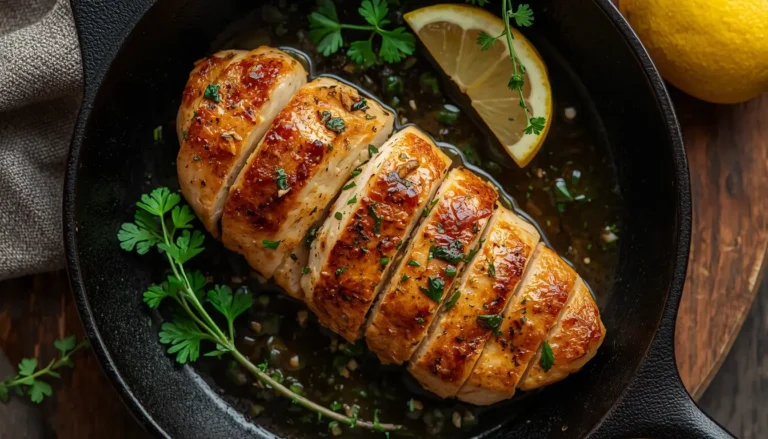 Sliced pan seared chicken breast in a cast iron skillet with garlic butter and fresh thyme