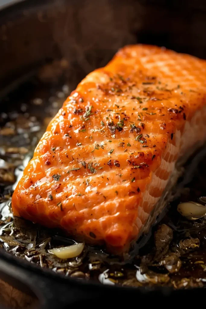 Pan Seared Salmon 3 Pan seared salmon searing skin-side down in a cast iron skillet with garlic butter