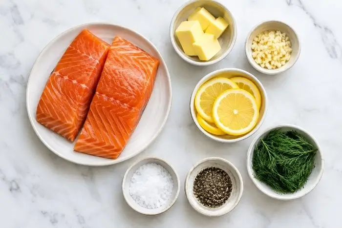 Pan Seared Salmon 2 Raw salmon fillets and ingredients for pan seared salmon recipe on a wooden countertop