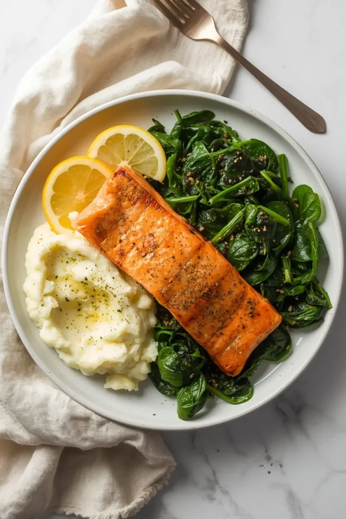 Pan Seared Salmon 4 Pan seared salmon recipe served with cauliflower mash and wilted spinach
