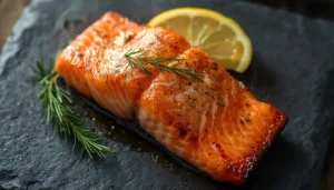 Pan Seared Salmon Pan seared salmon fillet with crispy skin on a slate plate with lemon and dill