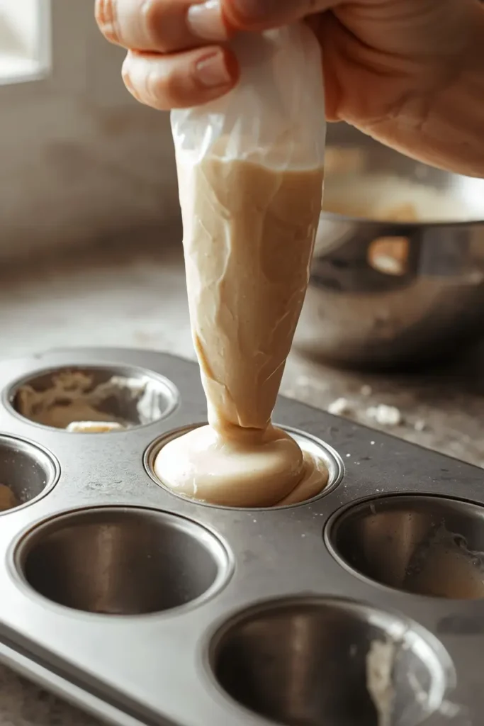 Keto Donuts 3 Piping keto donuts batter into a six-cavity donut pan