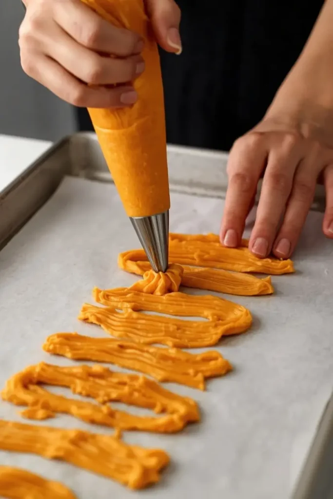 keto pumpkin churros 3 Piping keto pumpkin churros dough with a star tip onto a parchment-lined baking sheet