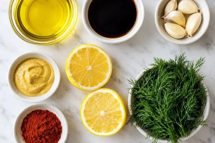 Salmon Marinade 2 Ingredients for salmon marinade recipe including garlic, lemon, and olive oil