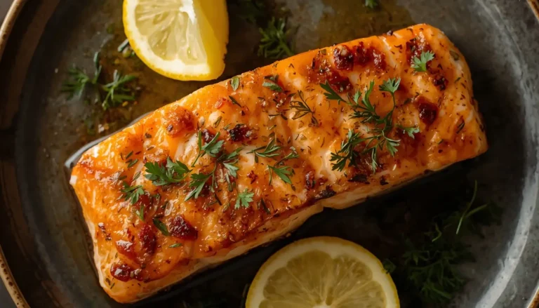 Pan-seared salmon fillet coated in salmon marinade garnished with dill and lemon
