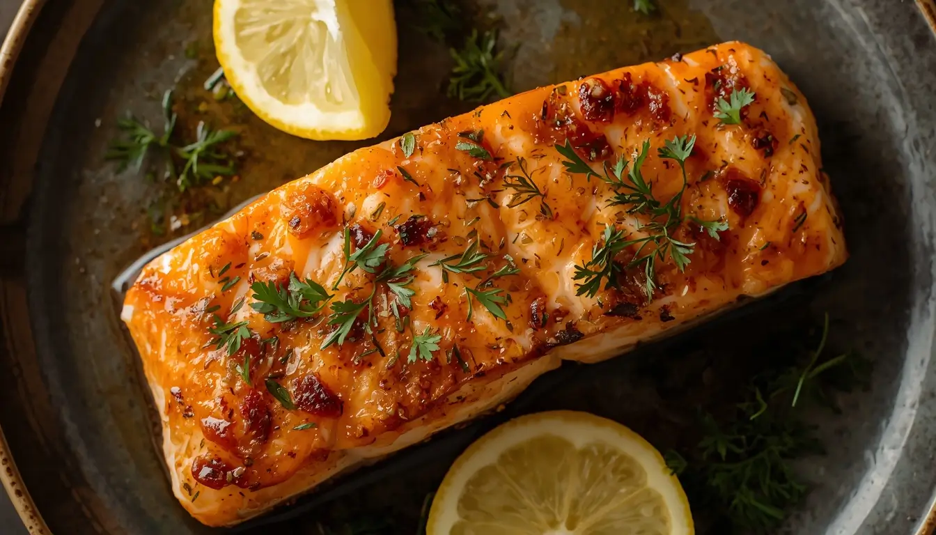 Salmon Marinade 1 Pan-seared salmon fillet coated in salmon marinade garnished with dill and lemon
