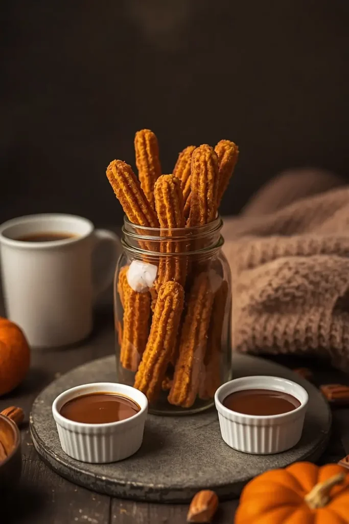 keto pumpkin churros 5 Keto pumpkin churros in a jar served with caramel and chocolate dipping sauces