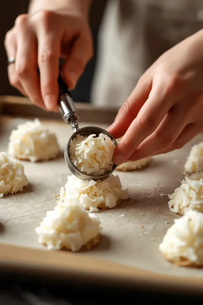 Coconut Macaroon Cookie Recipe 3 Scooping coconut macaroons with condensed milk onto a parchment-lined baking sheet before baking
