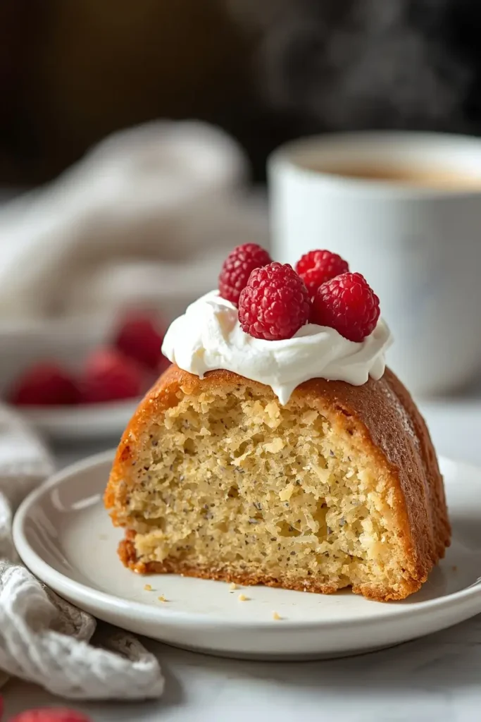 Lemon Poppy Seed Bundt Cake 5 Slice of moist lemon poppy seed bundt cake with whipped cream and raspberries beside a coffee cup