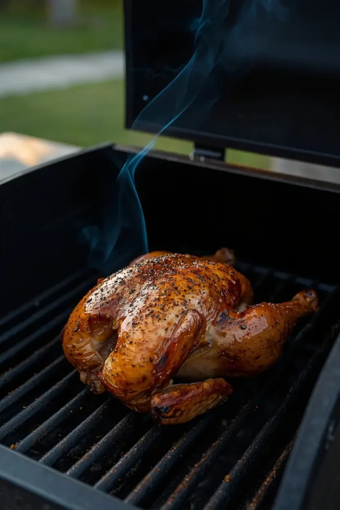 Smoked Spatchcock Chicken 3 Seasoned smoked spatchcock chicken cooking skin-side up on a smoker grate with thin blue smoke
