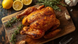 Smoked Spatchcock Chicken Golden brown smoked spatchcock chicken resting on a wooden cutting board with fresh herbs and lemon