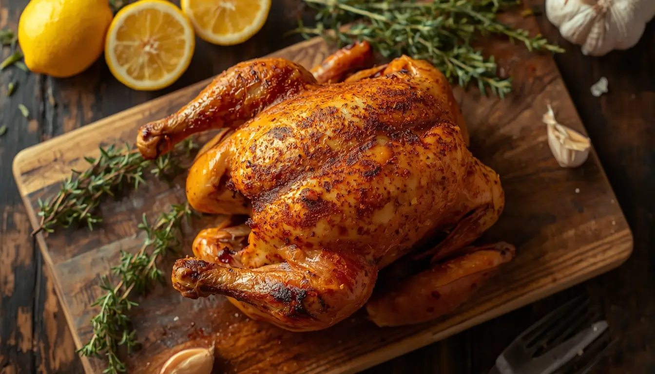 Smoked Spatchcock Chicken 1 Golden brown smoked spatchcock chicken resting on a wooden cutting board with fresh herbs and lemon