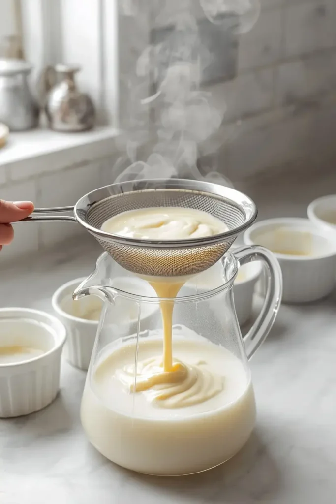 Keto Panna Cotta 3 Pouring warm cream mixture through a sieve to make keto panna cotta