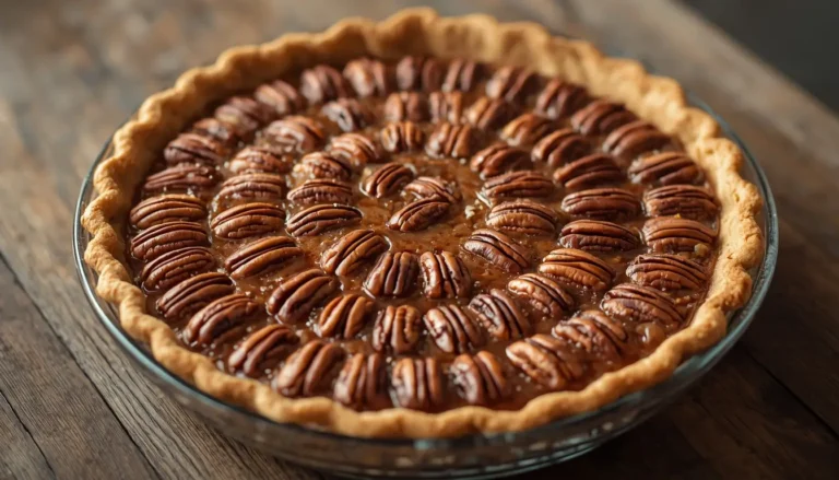 Whole sugar free pecan pie with toasted pecans on a wood table