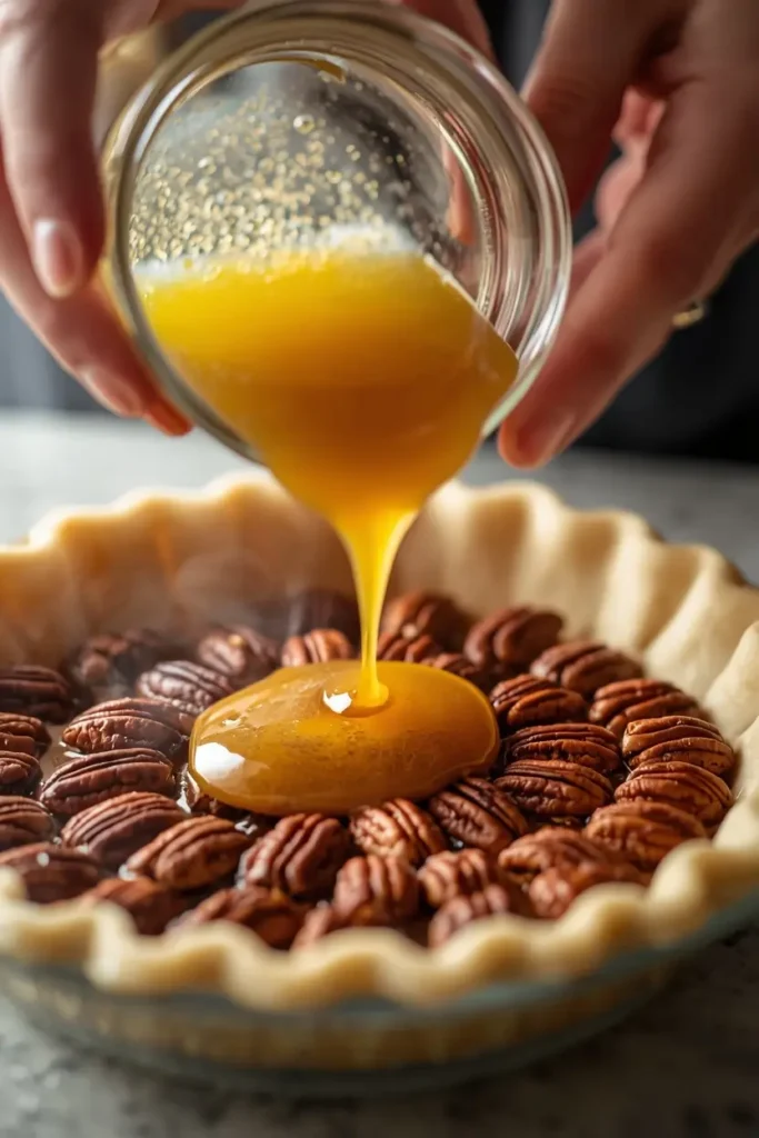 Pouring filling into unbaked sugar free pecan pie crust