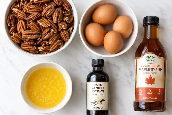 Ingredients for sugar free pecan pie recipe laid out on marble counter