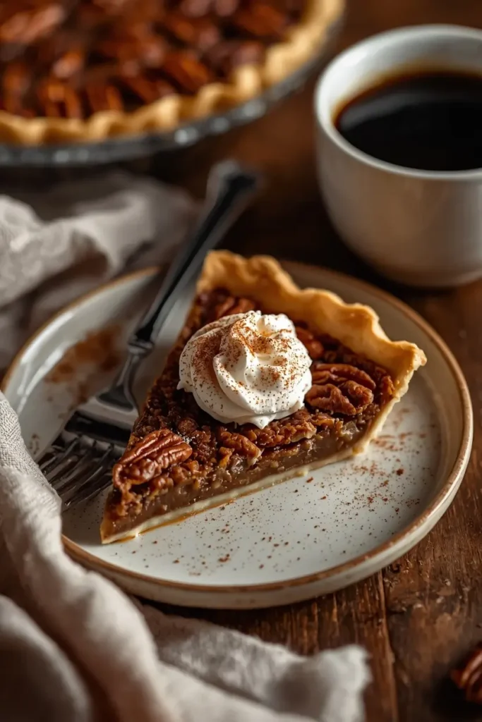 Sugar free pecan pie slice served with whipped cream and coffee