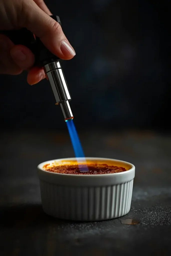 Kitchen torch caramelizing the sweetener topping on a keto creme brulee