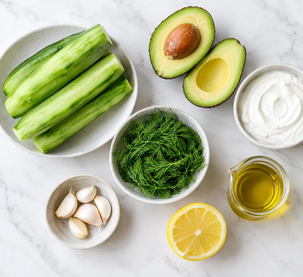 Cucumber Soup 2 Fresh ingredients for a keto cucumber soup recipe including cucumber, avocado, yogurt, and dill