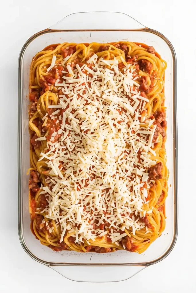 Spaghetti Squash Casserole 4 Assembled spaghetti squash casserole topped with mozzarella and Parmesan, ready to bake