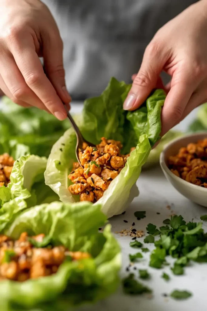 Chicken Lettuce Wraps 4 Spooning savory chicken filling into a lettuce cup to assemble chicken lettuce wraps