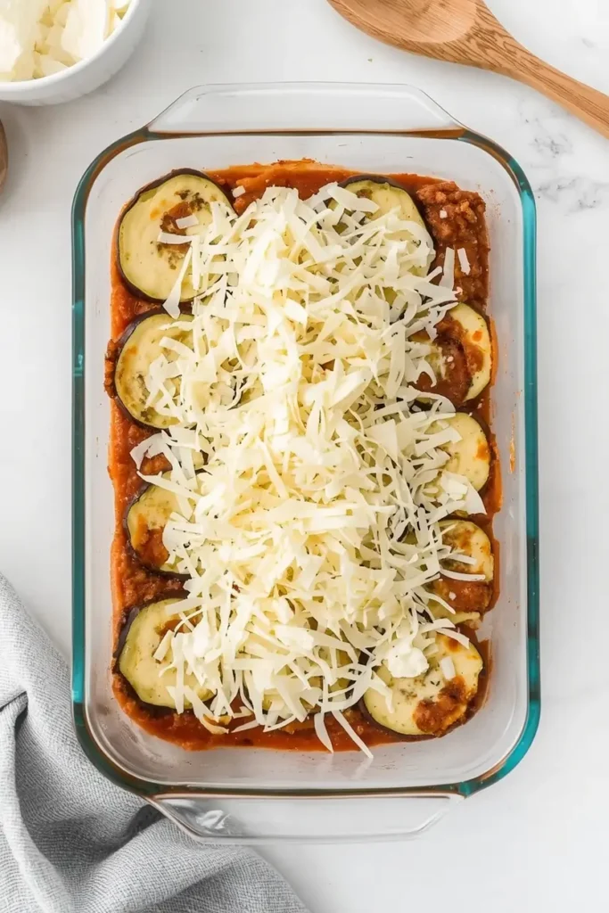 Eggplant Lasagna 4 Layering eggplant, meat sauce and ricotta in a baking dish to make eggplant lasagna