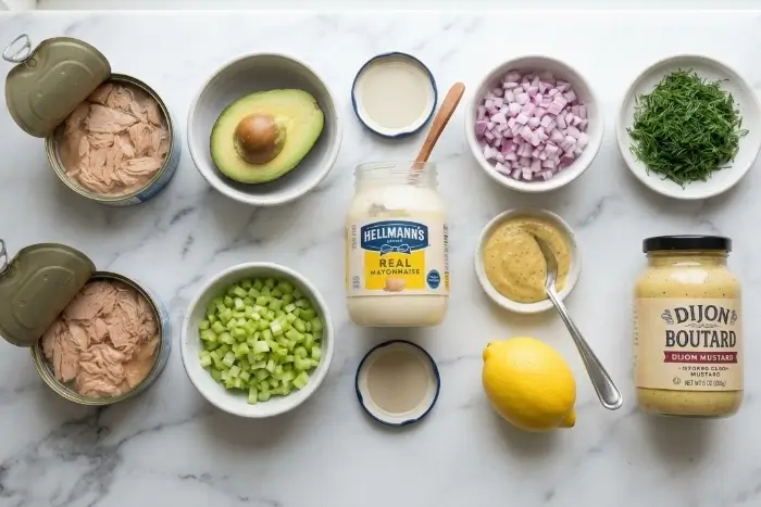 Avocado Tuna Salad 2 Ingredients for avocado tuna salad including tuna, avocado, lemon, celery, and red onion