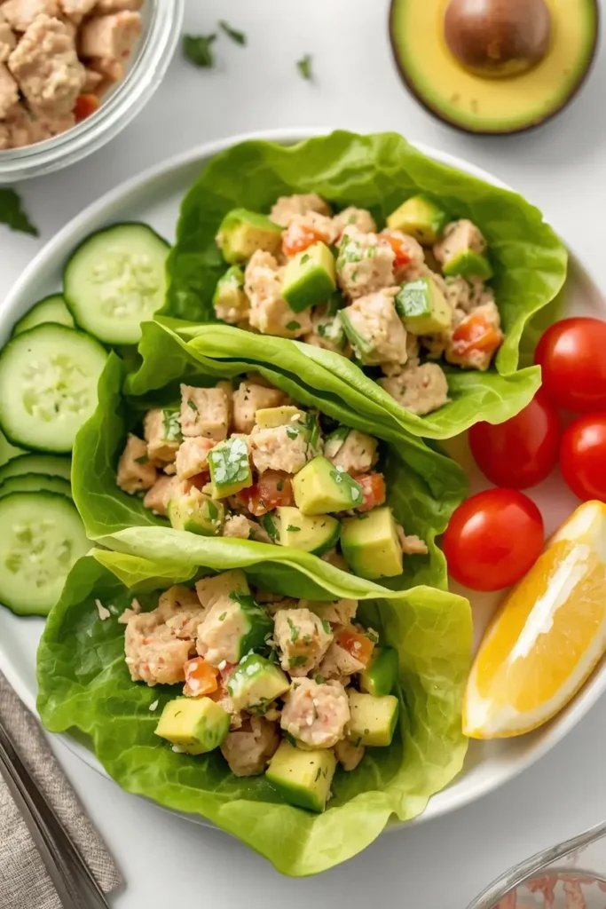 Avocado Tuna Salad 4 Lettuce wraps filled with avocado tuna salad served with cucumber and cherry tomatoes