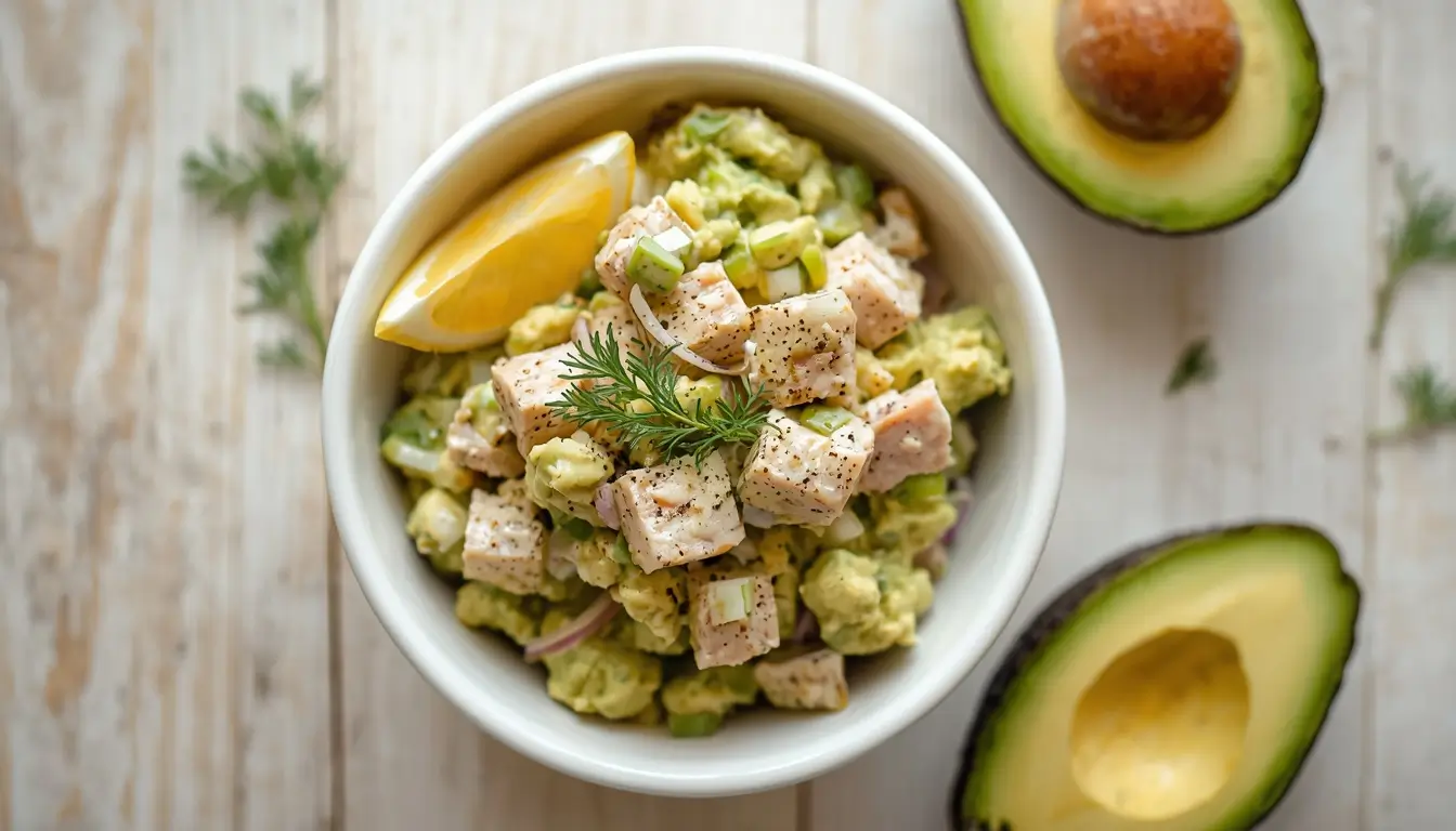 Avocado Tuna Salad 1 Bowl of creamy avocado tuna salad with celery, red onion, and fresh dill