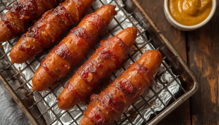 Crispy bacon wrapped hot dogs on a wire rack, served as an easy low-carb lunch
