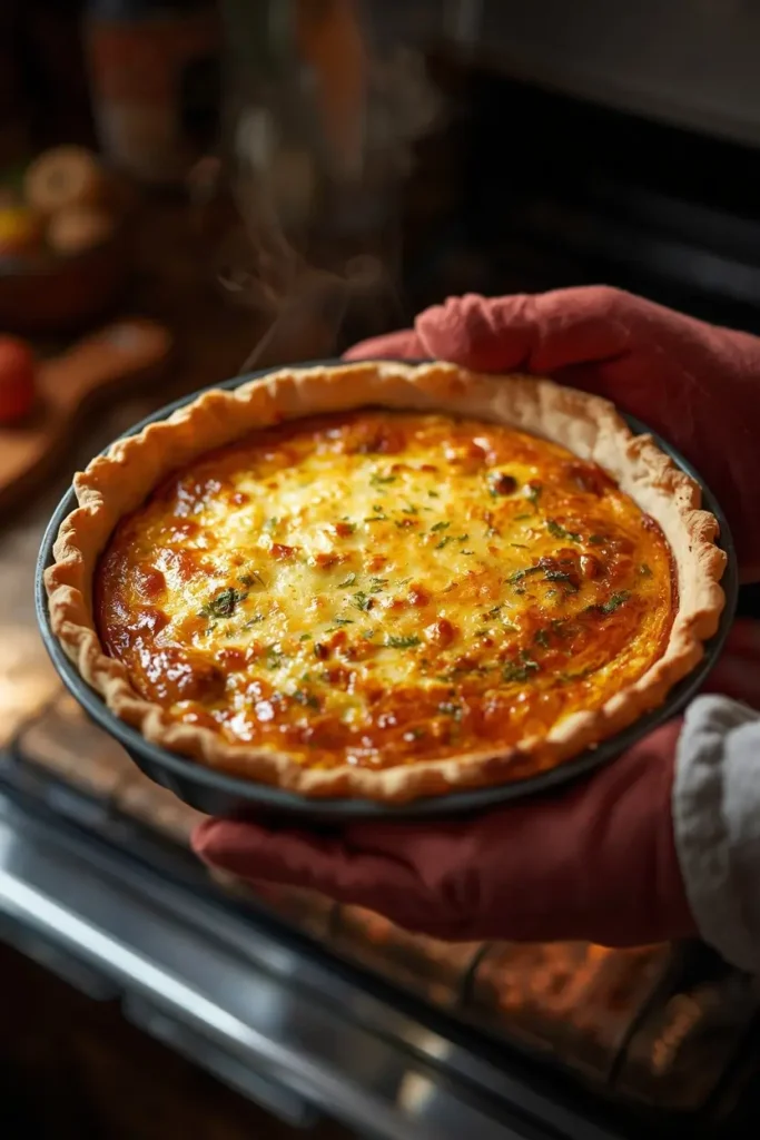 Crustless Quiche 4 Freshly baked golden brown crustless quiche cooling in a pie dish