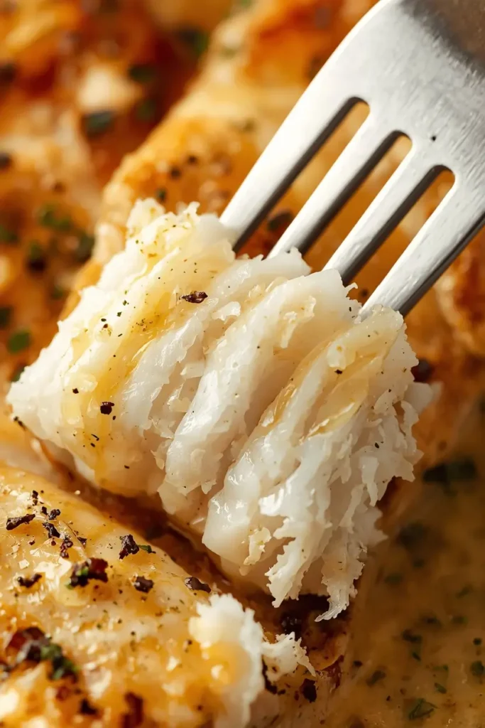 Fork flaking a tender baked grouper fillet to show it is fully cooked