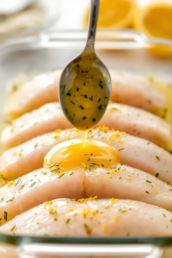 Spooning garlic lemon butter over grouper fillets in a baking dish before baking