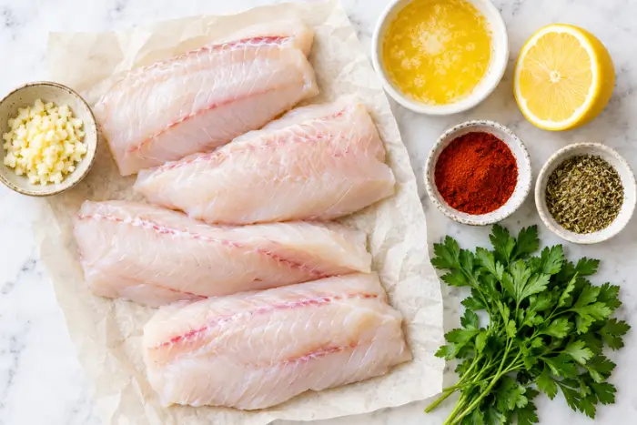 Fresh ingredients for baked grouper including grouper fillets, garlic, lemon, butter, and herbs