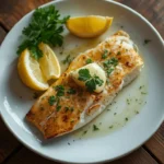 Baked grouper fillet with garlic lemon butter and fresh parsley on a white plate