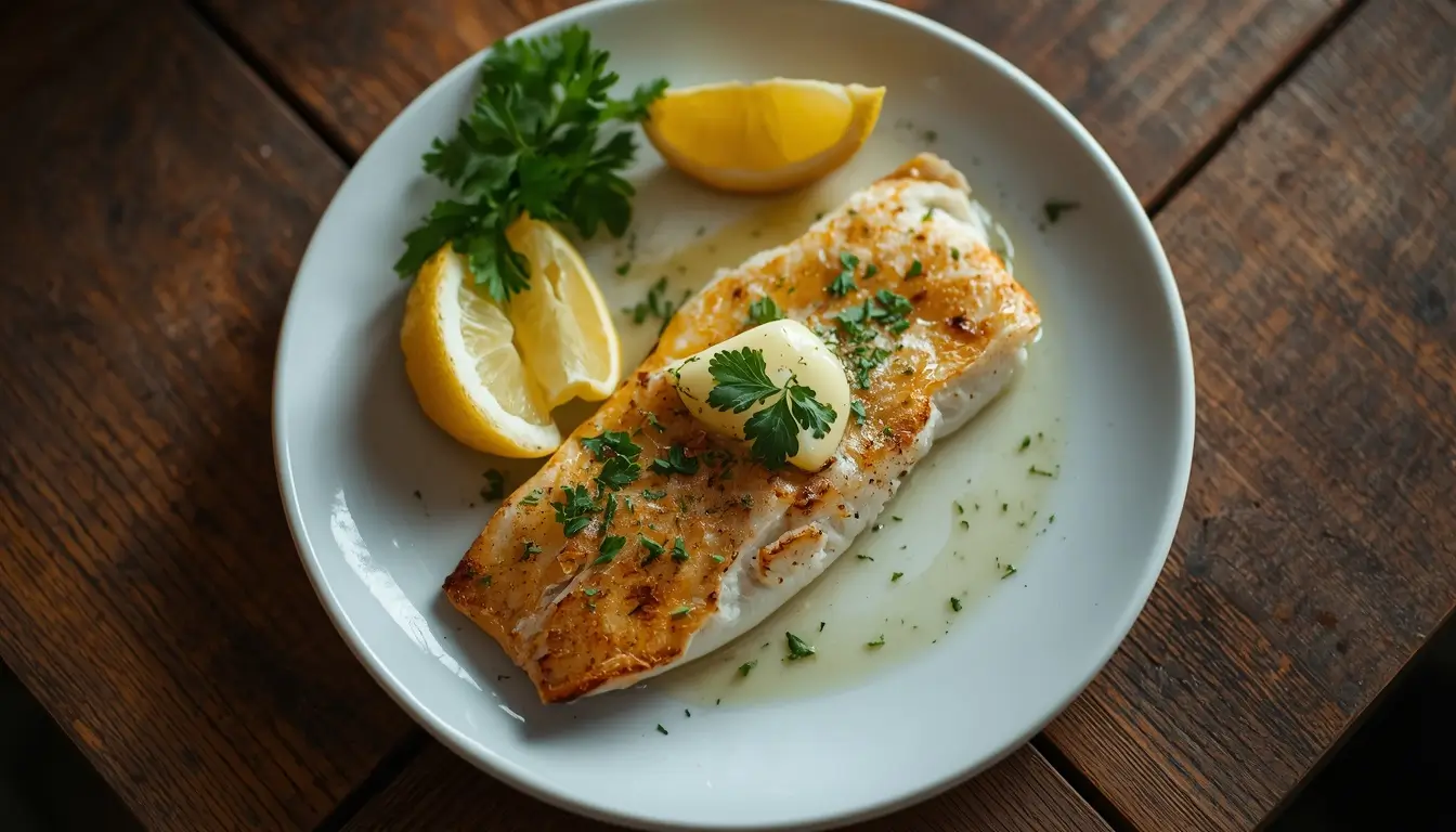 Baked grouper fillet with garlic lemon butter and fresh parsley on a white plate