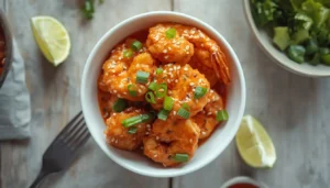 Bang Bang Shrimp Bowl of crispy low-carb bang bang shrimp topped with green onions and sesame seeds