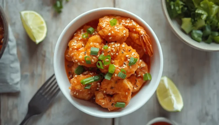 Bowl of crispy low-carb bang bang shrimp topped with green onions and sesame seeds