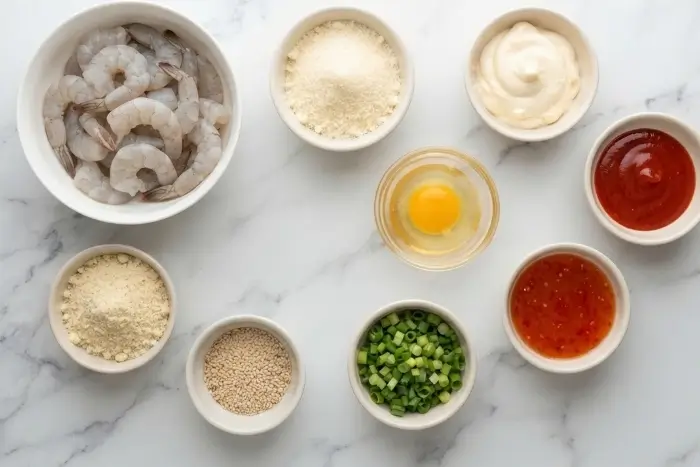 Bang Bang Shrimp 2 Ingredients for a keto bang bang shrimp recipe laid out in small bowls